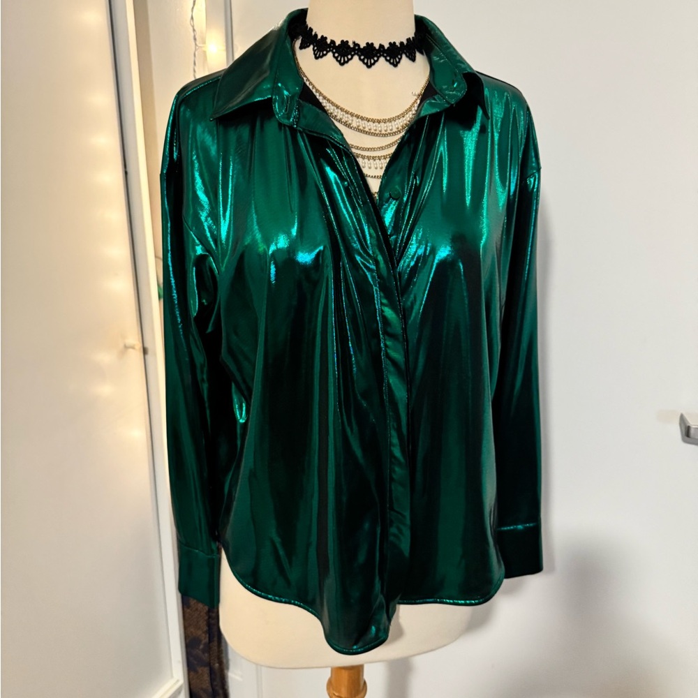 Anthropologie Shimmering Green Button Down Shirt